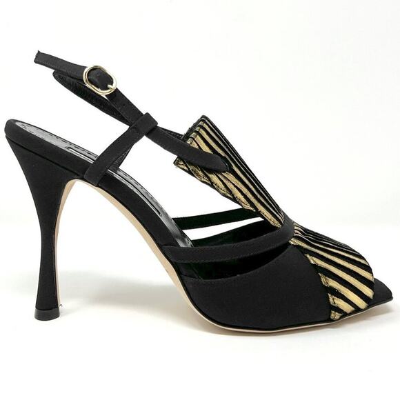 Manolo Blahnik Black & Gold Peep Toe Sandals – Size 37 - Picture 3 of 10